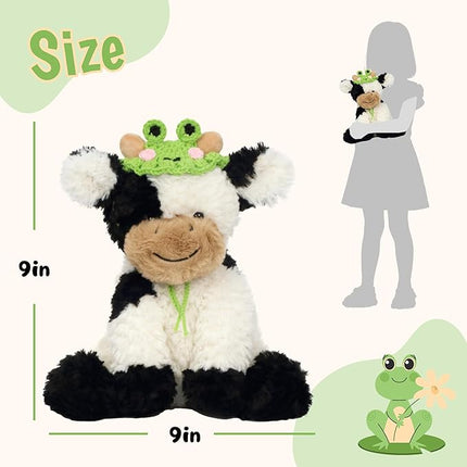 Hopearl Adorable Plush Cow Toy with Cute Tiny Knitted Frog Hat Floppy Dairy Cattle Soft Stuffed Animal Gifts for Boys Girls Kids Toddlers, 9''