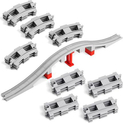 34 Pieces Train Bridge Track, Classic Railway Track with 12 Curved Tracks, 12 Straight Tracks and Bridge Tracks - Compatible with All Major Brands, Toy Track Accessory for Kid, Light Grey