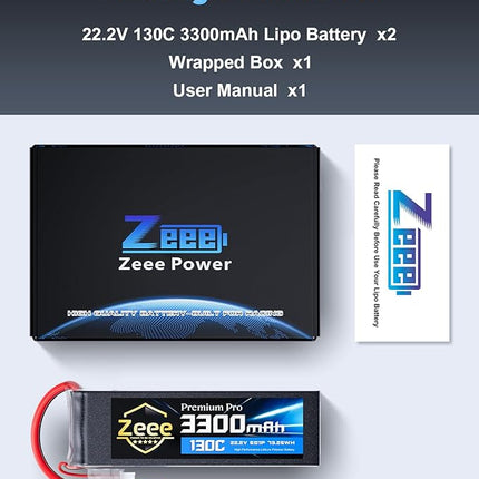 Zeee Premium Pro 6S Lipo Battery 3300mAh 22.2V 130C Ultra-Low IR Soft Pack Lipo Battery with EC5 Connector for RC Drone Car Truck Boat Helicopter Airplane Racing Models (2 Packs)