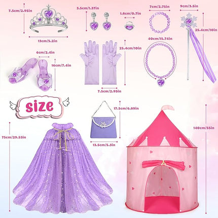 WTOR 15Pcs Princess Castle Play Tent Dress Up with LED Glow in The Dark Stars for Little Girls－Princess Dress Up Cape with Crown,Girl Play Tent/House Toy for Indoor & Outdoor Use (Purple)