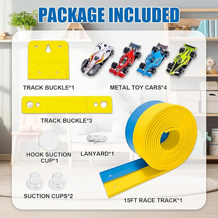 Flexible Race Track Toys for Kids, 15 Ft Double Lane Racetrack with 4 Cars & Suction Cups, Compatible with Hot Wheels & 1/64 Diecast Cars, Portable Roll Up Car Ramp Track Set for Ages 3+(Yellow&Blue)
