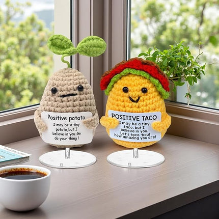 Mini Positive Cute Funny Life Potato and Taco Crochet Emotional Support Crochet Knitted Holding Card Crochet Birthday Christmas Girls Gifts Party Office Desk Decor