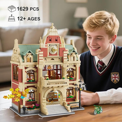 University Club House Building Set with Light,1629PCS City Campus Architecture Model with Painting Drama Baking Music Club, Home Decor Construction Building Block Gift for Adults Boys Girls 12+
