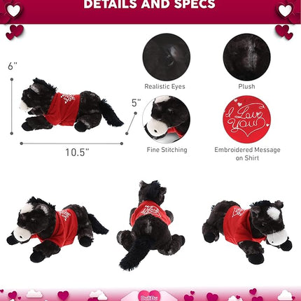 DolliBu I Love You Valentine Plush Lying Black Horse - Cute Stuffed Animal with Red Shirt and Name Personalization Gift for Valentines Day, Birthday, Anniversary - 10.5 Inches