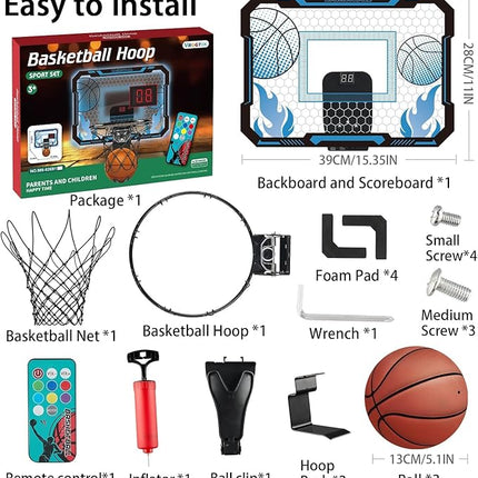 Indoor Basketball Hoop for Kids with Led Lights Mini Basketball Hoop with Remote Control Over The Door Basketball Hoops with Scoreboard Basketball Toys for 4-12 Year Old Boys Girls
