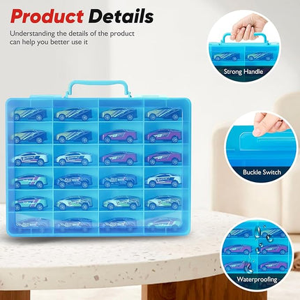 Toy Storage Organizer Case for Hot Wheels Car, for Matchbox Cars, for Mini Toys, for Small Dolls. Carrying Box Container Carrier with 24 Compartments (Box Only) (Blue)