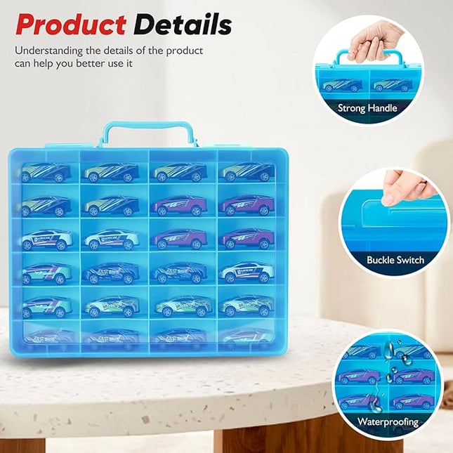 Toy Storage Organizer Case for Hot Wheels Car, for Matchbox Cars, for Mini Toys, for Small Dolls. Carrying Box Container Carrier with 24 Compartments (Box Only) (Blue)