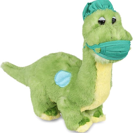DolliBu Green Dinosaur Doctor Plush Toy - Super Soft Dinosaur Doctor Stuffed Animal Dress Up with Cute Face Mask and Cap Outfit - Gift for Doctor, Nurse, Surgeon - 10 Inch