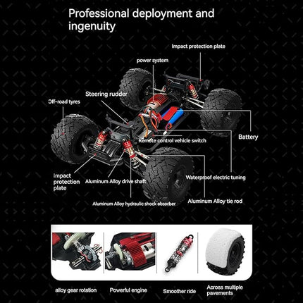 1:10 Large Brush RC Car for Adults, Fast Remote Control Car, 28+ MPH Rc Hobby Truck with Headlights, All Terrain 2.4Ghz Electric Hobby Rc Cars, 4WD Off Road Monster Truck for Adults - Red