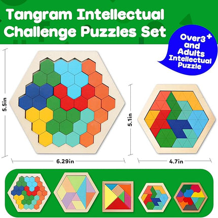 Skrtuan 5 Pack Wooden Puzzles Set - STEM Montessori Educational Board Games and Logic Traning Brain Teaser Geometric Shapes Tangram Puzzle Games for Kids Ages 3+
