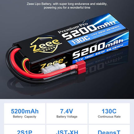 Zeee Premium Pro 2S Lipo Battery 5200mAh 7.4V 130C RC Battery Hard Case with T Plug Compatible with 1/8 1/10 RC Vehicles Car Slash RC Buggy Truggy RC Airplane Racing Models(2 Pack)