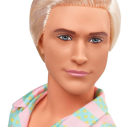 Barbie The Movie Ken Doll Wearing Pastel Pink and Green Striped Beach Matching Set with Surfboard and White Sneakers