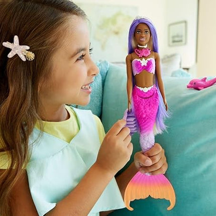 Barbie Mermaid Doll, “Brooklyn” with Pink Hair, Styling Accessories, Pet Dolphin and Water-Activated Color Change Feature, HRP98