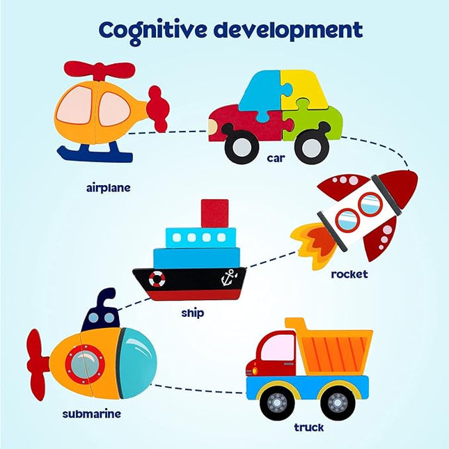 SYNARRY Wooden Vehicle Puzzles for 3 4 5 Years Old Boys Girls, Puzzles for Toddlers 3-5, Educational Toys Gifts with 6 Vehicles Transportation, Easter Basket Stuffers Valentines Day Gifts for Kids