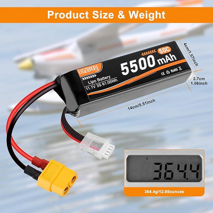 Crazepony 3S Lipo Battery 5500mAh 11.1V 50C RC Battery with XT60 Connector for RC Car Truck Airplane Helicopter Plane Quadcopter Boat Racing