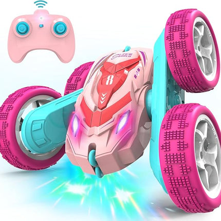 RC Stunt Cars, Remote Control Car Double Sided 360° Flip Rotating 4WD 2.4Ghz Rechargeable Car Toy with Headlights For Outdoor & Indoor for 6-12 years old Kids Girls Boys Birthday Xmas Gift, Pink