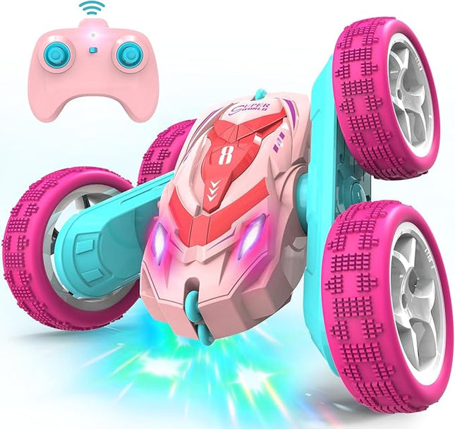 RC Stunt Cars, Remote Control Car Double Sided 360° Flip Rotating 4WD 2.4Ghz Rechargeable Car Toy with Headlights For Outdoor & Indoor for 6-12 years old Kids Girls Boys Birthday Xmas Gift, Pink