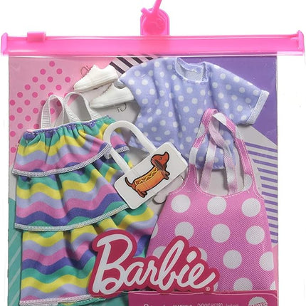 Barbie Fashions 2-Pack Clothing Set, 2 Outfits Doll Include Pink Polka-Dot Jumper, Purple Polka-Dot Top, Striped Dress & 2 Accessories, Gift for Kids 3 to 8 Years Old, White