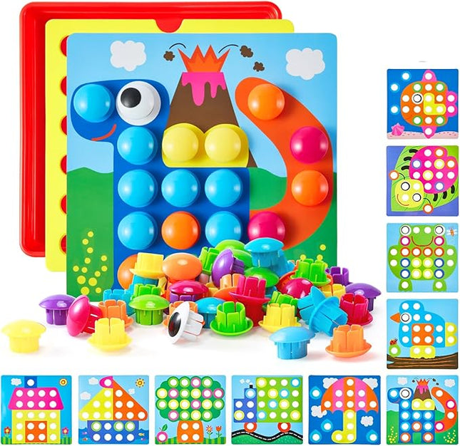 Geekper 68PCS Button Art Toys for Toddlers Color Matching Mosaic Pegboard, Early Learning Educational Toys for 3, 4, 5, 6 Year Old Kids Boys and Girls Christmas Gifts, 10 Pictures and 58 Buttons