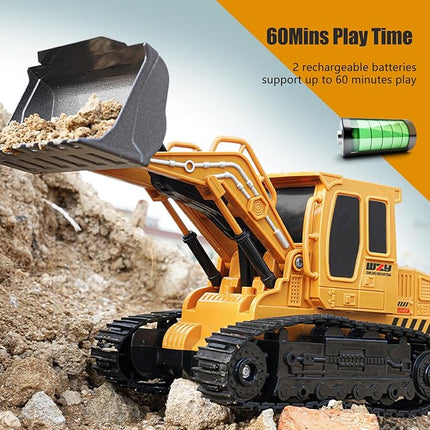 Remote Control Front Loader - Metal Shovel, LED Working Lights, Music & 2 Rechargeable Batteries, Construction Toys for Boys Age 4 5 6 7 8 Birthday Gift