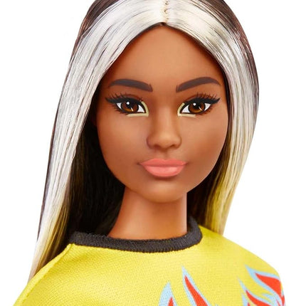 Barbie Fashionistas Doll #179, Curvy with Long Highlighted Hair, Flame Crop Top, Checkered Skirt & Accessories Including Sneakers & Sunglasses