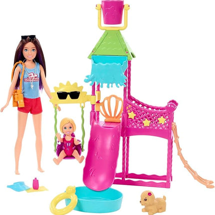 Barbie HKD80 First Jobs Skipper Set, Doll, Water Park with Functional Water Slide, Puppy Sprinkler and More Than 5 Accessories, Children's Toy from 3 Years