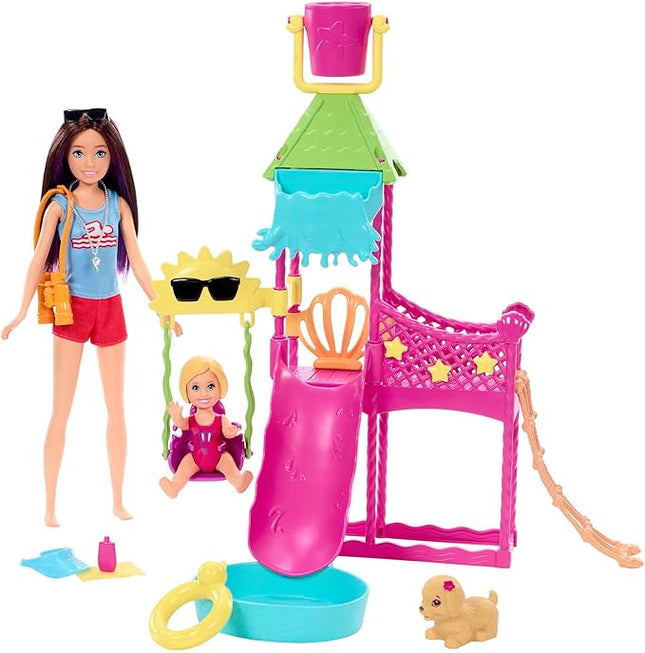 Barbie HKD80 First Jobs Skipper Set, Doll, Water Park with Functional Water Slide, Puppy Sprinkler and More Than 5 Accessories, Children's Toy from 3 Years