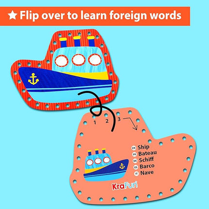 KRAFUN Preschool Beginner First Lacing Card Kit for Kids Training Arts & Crafts, 5 Easy Transport and Cars Lacing Projects, Craft Paper Cards for Toddlers, Fine Motor Skills Toys