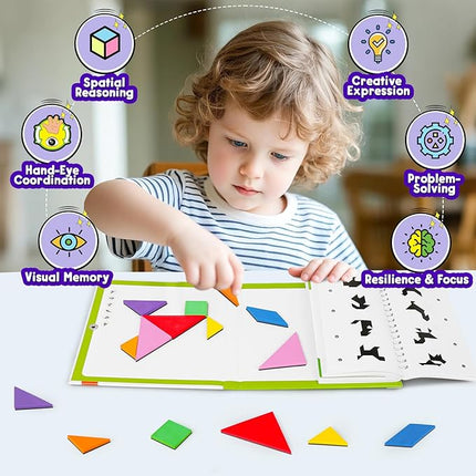 Travel Tangram Puzzle with 2 Sets Magnetic Jigsaw Boards & 368 Patterns and Solutions, Montessori STEM Airplane & Road Trip Games, Educational Brain Teaser Toy Gift for Kids & Adults