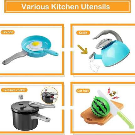 130Pcs Kitchen Playset, Toddler Pretend Cooking Play Pots, Pans, Utensils Cookware, Daily Food Fruit Veges, Shopping Storage Basket, Dessert, Prop Money, Learning Gift for Child (Turquoise)