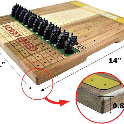 Metal Horse Race Board Game Set with Horse Racing Thick & Solid Wood Game Board, 11 Luxurious & Durable Classic Black Colored Metal Craft Horses, Dice and Cards for Horseracing (HR-652)