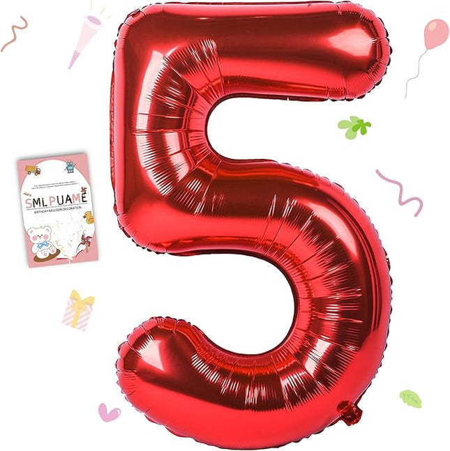 Smlpuame 40 inch Number Balloon 0-9 Red Large Number 5 Balloons,Digital Balloons for Birthday Party Celebration Decorations Supplies, Helium Foil Number Balloons for Wedding Anniversary