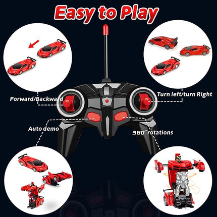 BLOOLILIES Transformable Remote Control Car for Boys 4-7 8-12 Gifts,1:18 Transform Robot Toy Car with 360° Rotating Led Lights & One Button Deformation, Kids Robot Toys for 3 4 5 6 7 8 9 10+ Years Old
