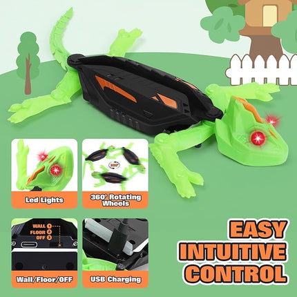 Remote Control Gecko Toy, Wall Climbing Toys with LED Lights, 360° Rotating Wheels, USB Rechargeable