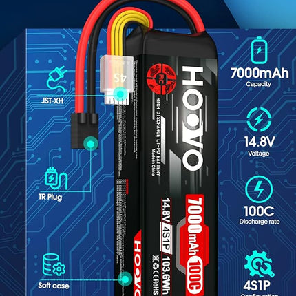 HOOVO 4S 14.8V LiPo Battery 7000mAh 100C RC Battery Metal Plates Compatible for X-Maxx RC Truck Tank RC Car Racing Hobby (2 Pack)