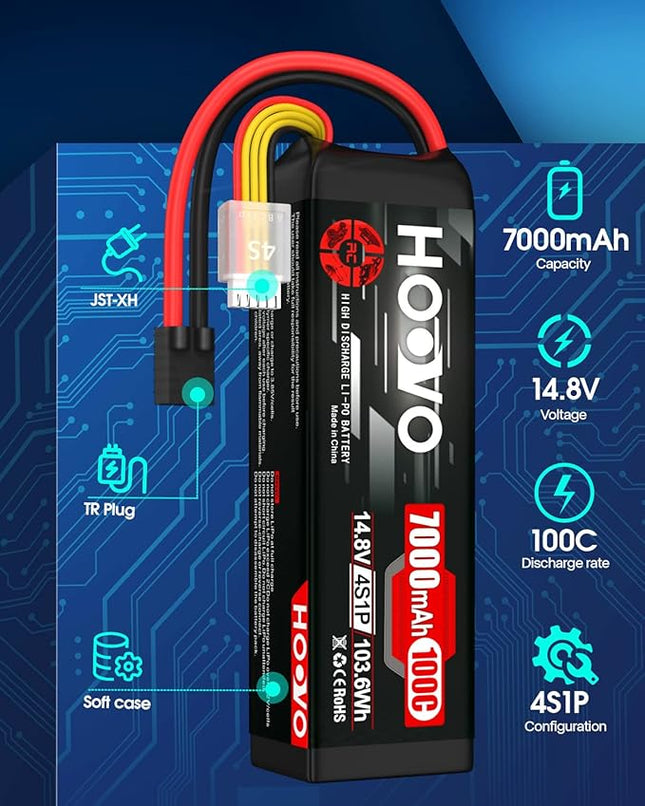 HOOVO 4S 14.8V LiPo Battery 7000mAh 100C RC Battery Metal Plates Compatible for X-Maxx RC Truck Tank RC Car Racing Hobby (2 Pack)