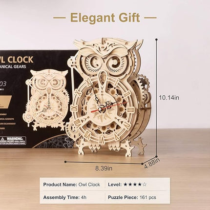 ROKR 3D Wooden Puzzles for Adults Owl Clock - Mechanical Model Building Kit DIY Hobbies for Men Women 161PCS Clock Puzzle Creative Craft Gift Home Decor for Family