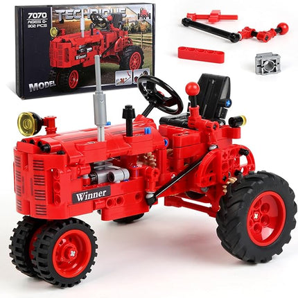 Classic 1/12 Red Tractor Building Blocks Set,Farm Tractor Building Kit Toy for Kids Ages 6+,STEM Educational Construction Kit for Kids 302 PCS with Shifting & Steering & Flip Hood Structure