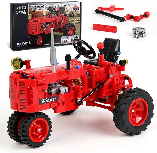 Classic 1/12 Red Tractor Building Blocks Set,Farm Tractor Building Kit Toy for Kids Ages 6+,STEM Educational Construction Kit for Kids 302 PCS with Shifting & Steering & Flip Hood Structure