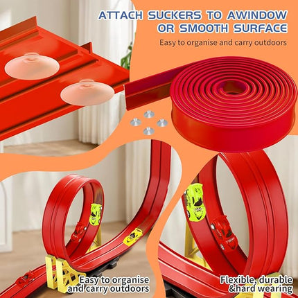19ft Build Anywhere Portable Race Track with Suction Cups - Flexible Roll-Up Design Fits 1/64 Scale Cars, Portable Toy Gift for Kids 4+ Year Old