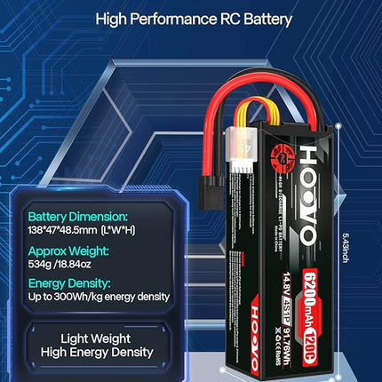 HOOVO 4S Lipo Battery 14.8V 6200mAh 120C RC Car Battery Hard Case with TR Plug Compatible for 1/8 and 1/10 Scale RC Car RC Buggy Truggy Truck Slash 4X4 Crawler Monster RC Hobby 2 Pack