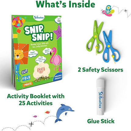 Skillmatics Scissor Skills Activity Book - Snip Snip, 25 Fun Cutting & Creative Activities for Preschoolers, 2 Child-Safe Scissors, Fine Motor Skills, Felt Craft Kit, Gifts for Kids Ages 3, 4, 5, 6, 7