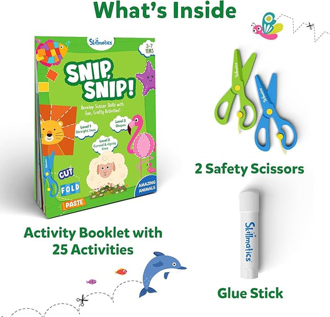 Skillmatics Scissor Skills Activity Book - Snip Snip, 25 Fun Cutting & Creative Activities for Preschoolers, 2 Child-Safe Scissors, Fine Motor Skills, Felt Craft Kit, Gifts for Kids Ages 3, 4, 5, 6, 7
