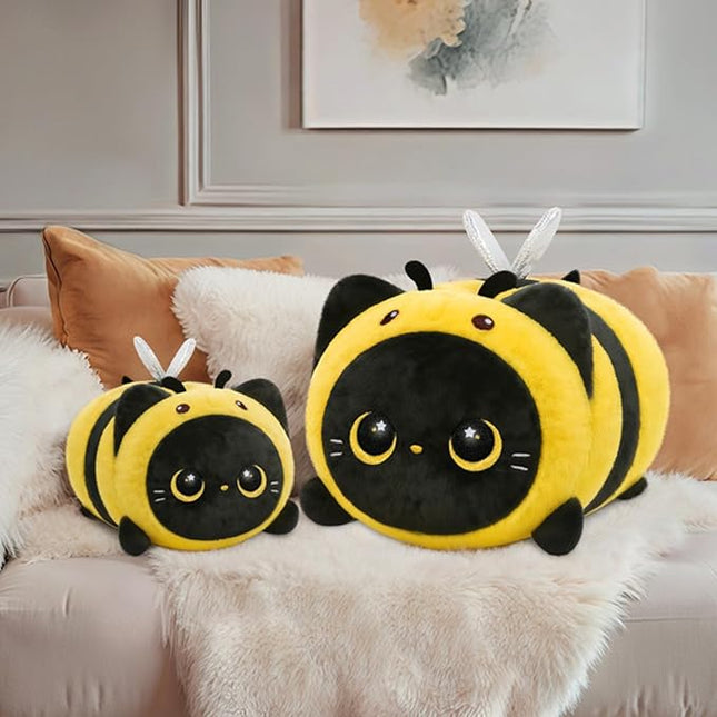Mewaii Cute Black Cat Bee Plush Pillow, Kawaii Plushies Bee Stuffed Toy, Kitten Plushies with Honeybee Outfit Costume, Soft Squishy Bee Gift for Girls & Kids (8 Inch)