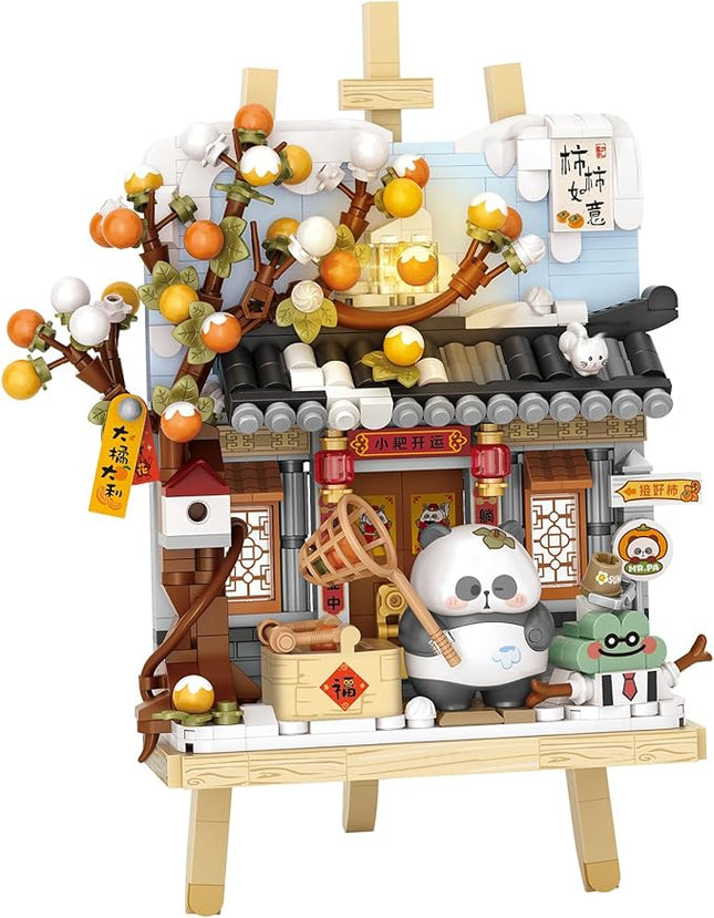 MEIEST Panda Mini Building Blocks Cute 3D Painting Model Set,Creative 4 Seasons' Views Collection Construction Building Bricks Toy,Home Decor (Winter-Persimmon)