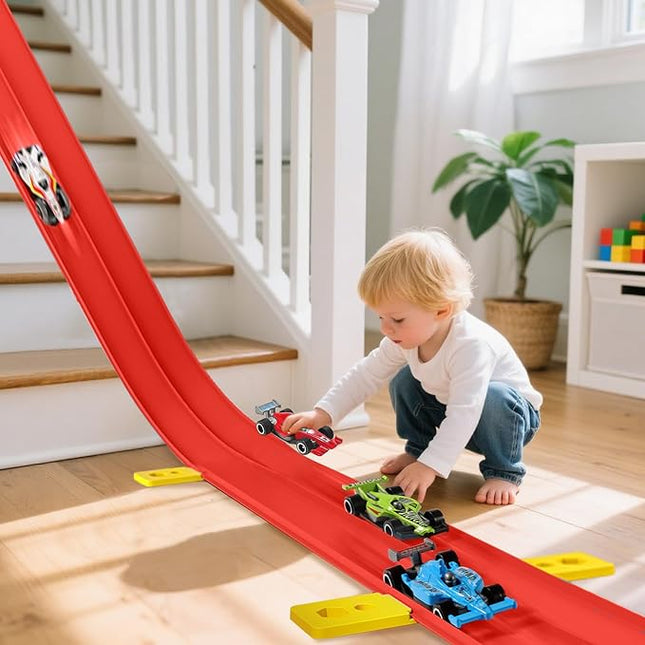 Ancaixin Flexible Race Track 17Ft Toys for Kids, Car Track with 4 Small Racecars Compatible with Hot Wheels and Diecast 1/64th Cars, Rolls Up Portable Racetrack, Birthday Gifts for Boys Girls Ages 3+