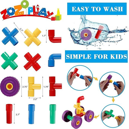 ZOZOPLAY STEM Learning Toy Tubular Pipes & Spouts & Joints 96 Piece Build Bicycle, Tank, Scootie, Moter Skills Endless Designs Educational Building Blocks Set for Kid Ages 3+ Multicolor