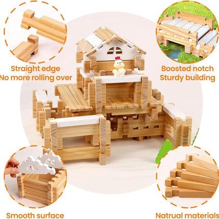 Jovi-mindly＆Notchies 96 PCS Wooden Blocks Wooden Toys with Storage Bag, Preschool Learning Toys Wood Blocks Building for Kids Ages 4-8 Creative Construction Game,FSC Certified,Halloween Gifts