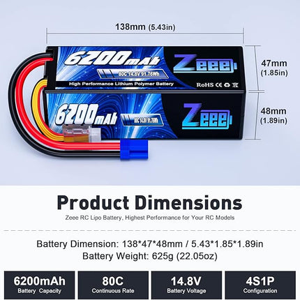 Zeee 4S Lipo Battery 6200mAh 14.8V 80C Hard Case Battery with EC5 Connector for Car Truck Tank RC Buggy Truggy Racing Hobby(2 Packs)