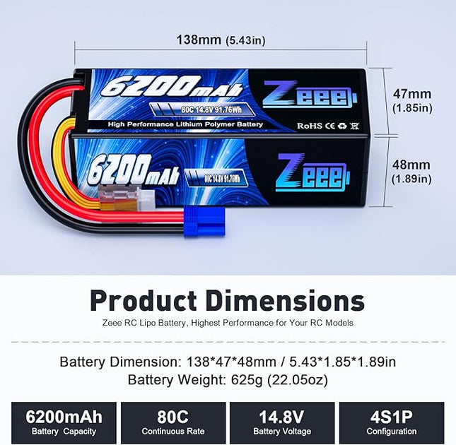 Zeee 4S Lipo Battery 6200mAh 14.8V 80C Hard Case Battery with EC5 Connector for Car Truck Tank RC Buggy Truggy Racing Hobby(2 Packs)